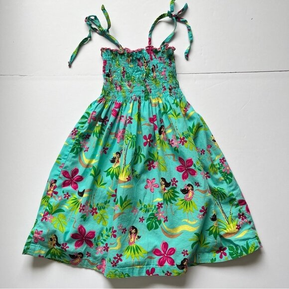 RJC Hawaii Baby Girl Dress Tropical Hawaiian Hula  Teal Smocked Stretchy Sz 6x - Picture 1 of 10